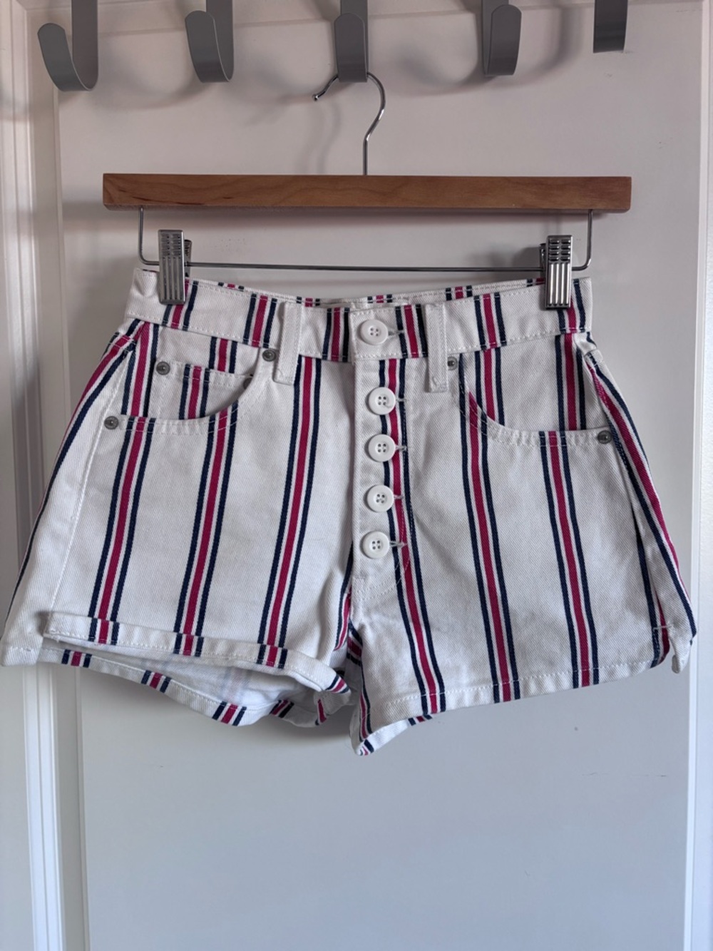 Reformation White Shorts with Navy & Red Stripes